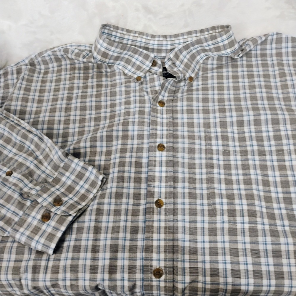 Harbor Bay Mens 4XL Plaid Button Down Shirt Grey Blue Long Sleeve Cotton Blend